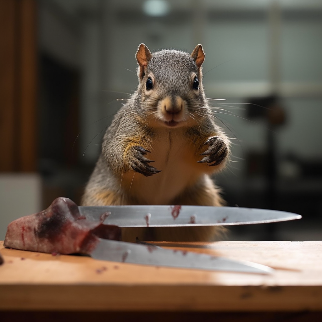 Evil murder squirrel with knife being cheered on