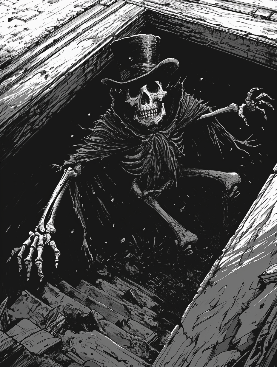 Mysterious phantom skeleton in top hat and cape