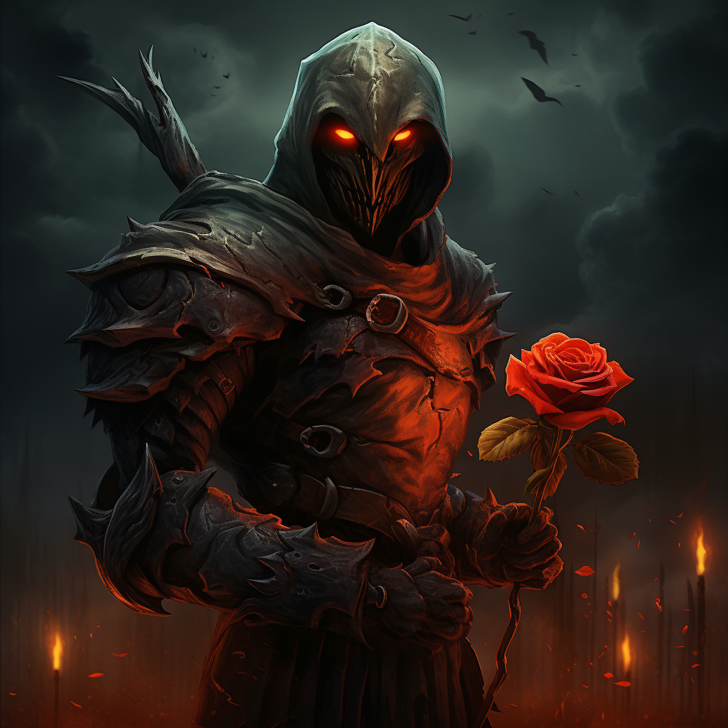 Sinister Pumpkin Knight holding red rose