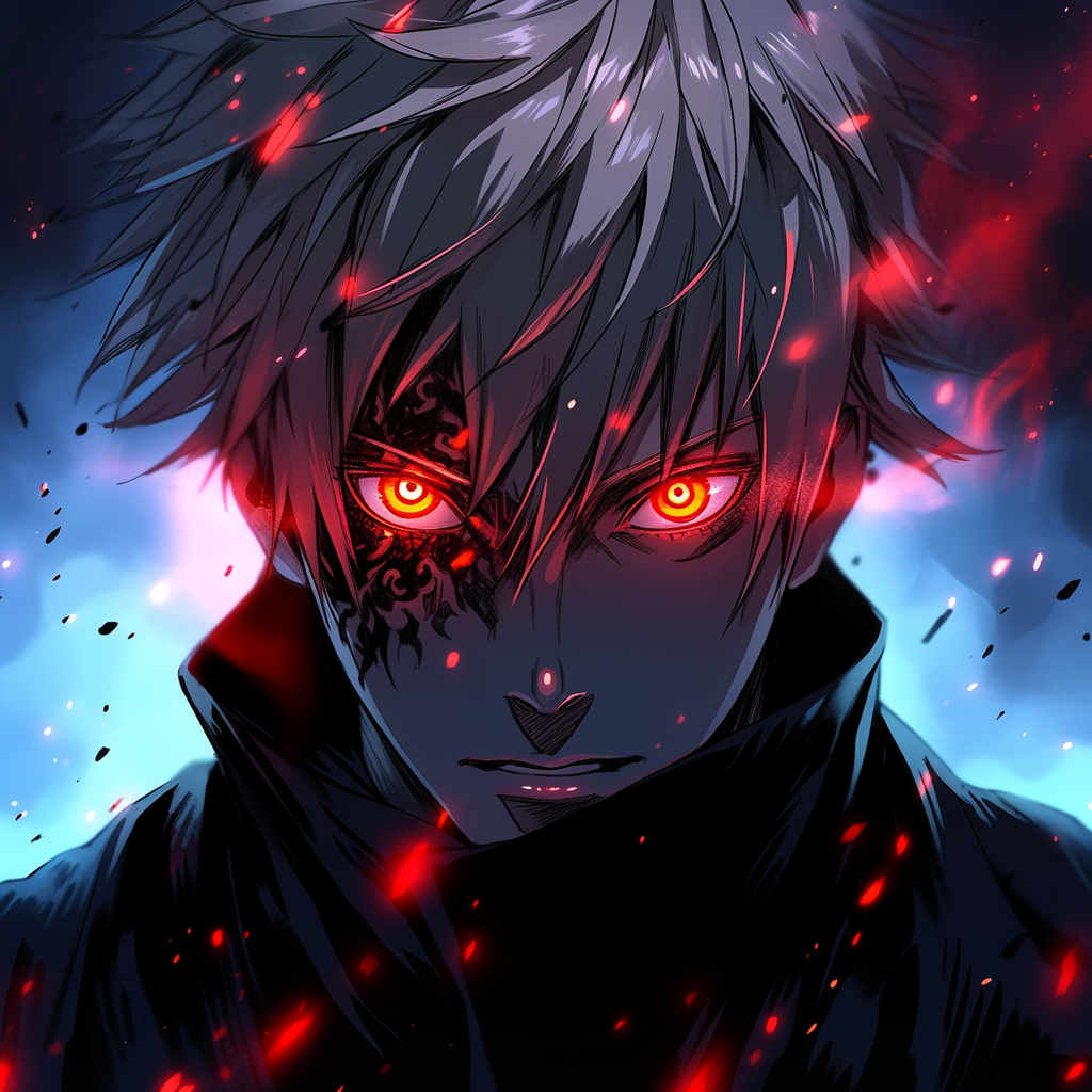 Evil Satoru Gojo from Jujutsu Kaisen with red eyes