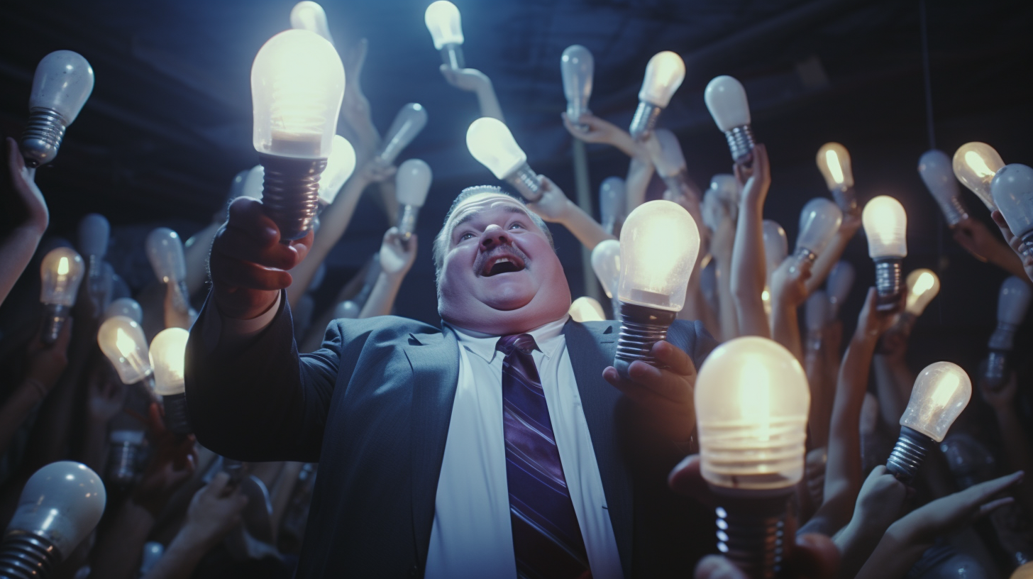 Evil businessman holding light bulb surrounded by money