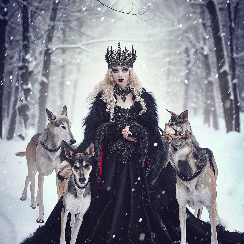 Evil villain queen with Irish Wolfhounds in snow