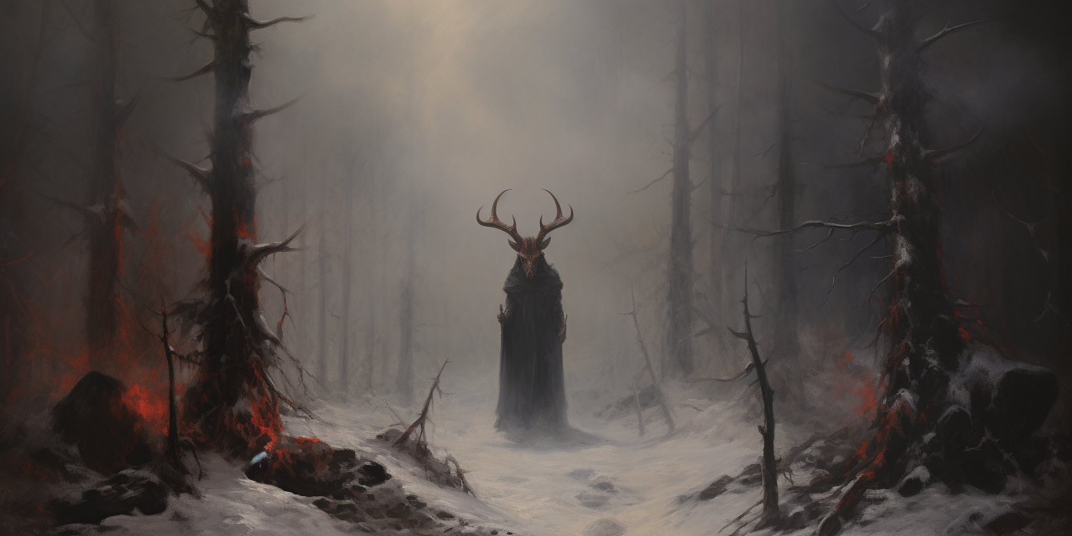 Evil witch with horns in northern forest