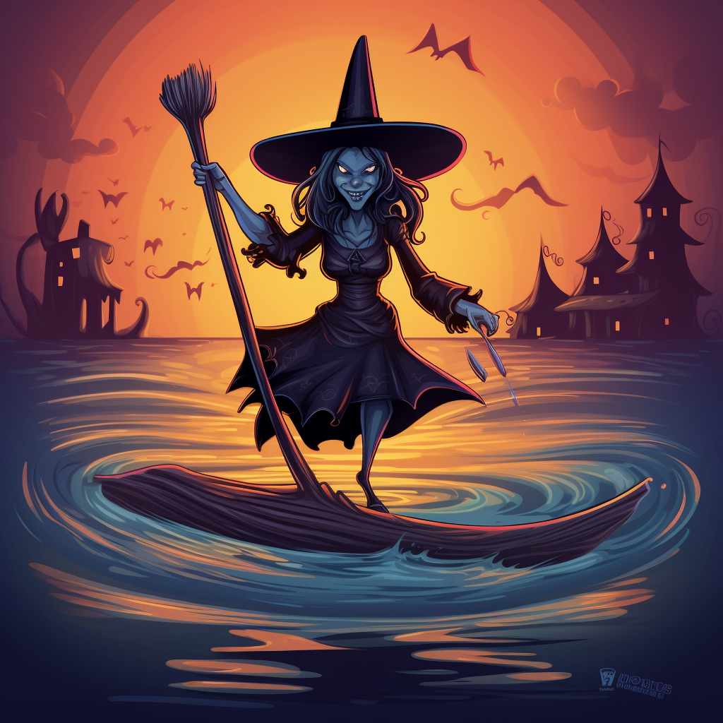 Cartoon illustration of evil witch on paddle board