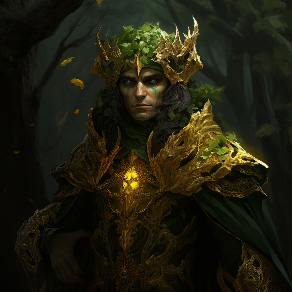 Evil Wood Elf Sorcerer in Green Cloak with Gold Adornments