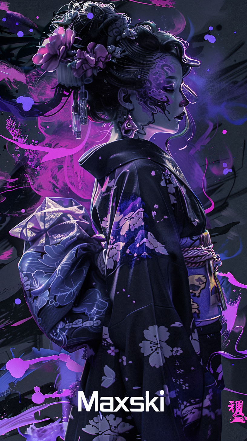 Cute anime demon girl in kimono