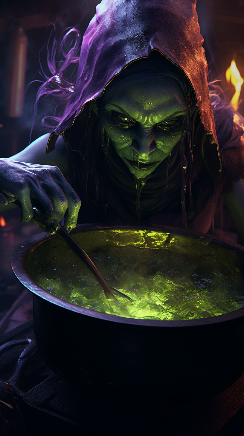 Close-up of an evil green-skinned witch cooking with a huge cauldron