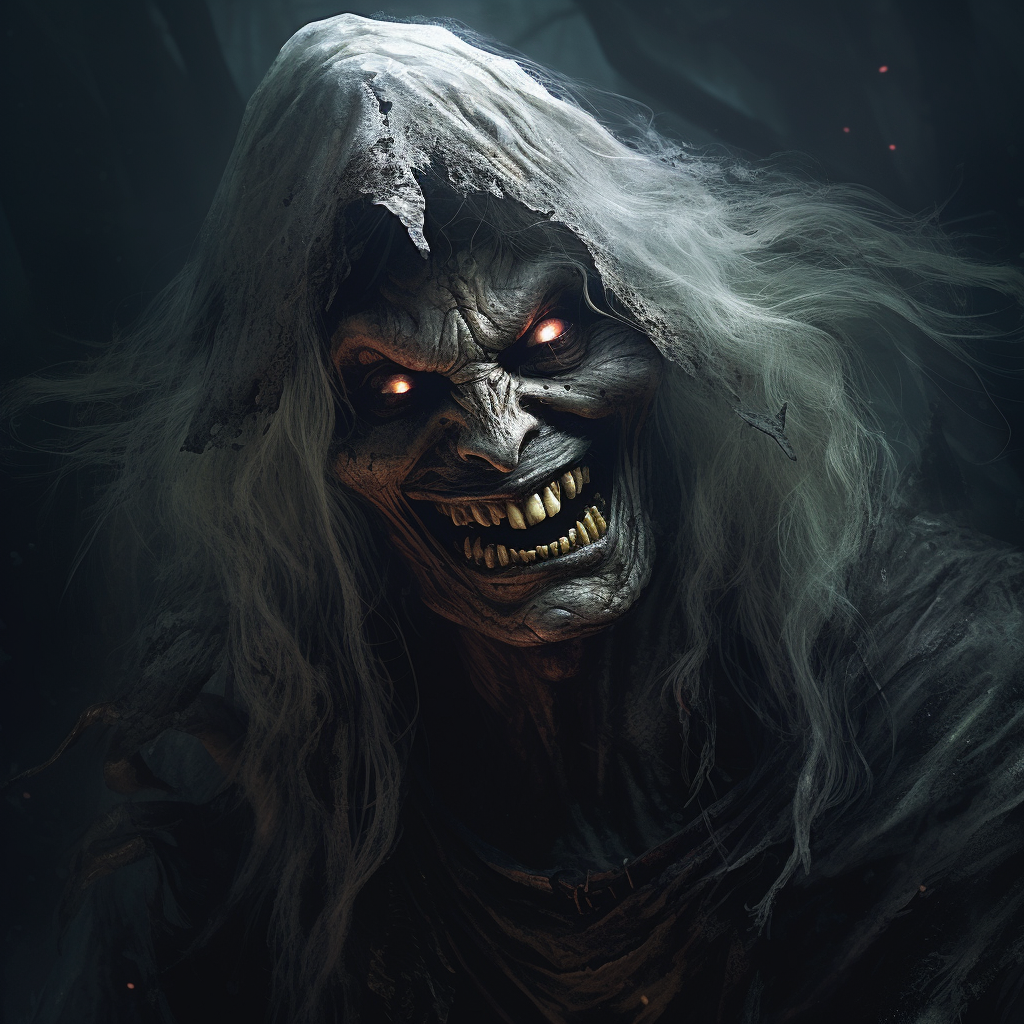 Dark fantasy hag witch with evil grin