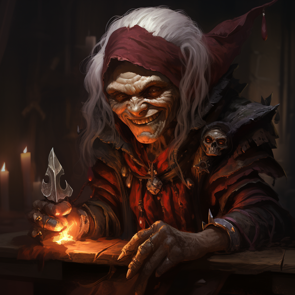 Female gnome rogue with evil grin and poisoned dagger