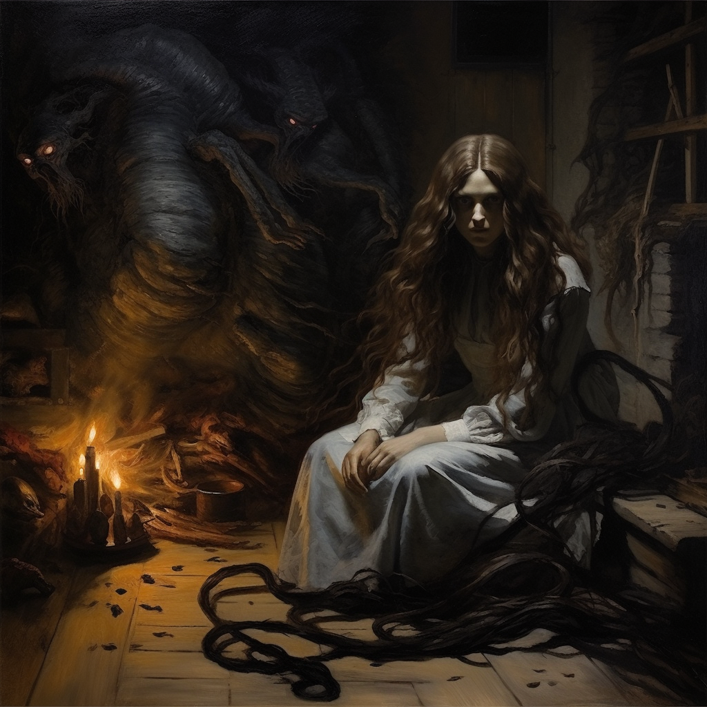 Mysterious evil long-haired witch in surreal art