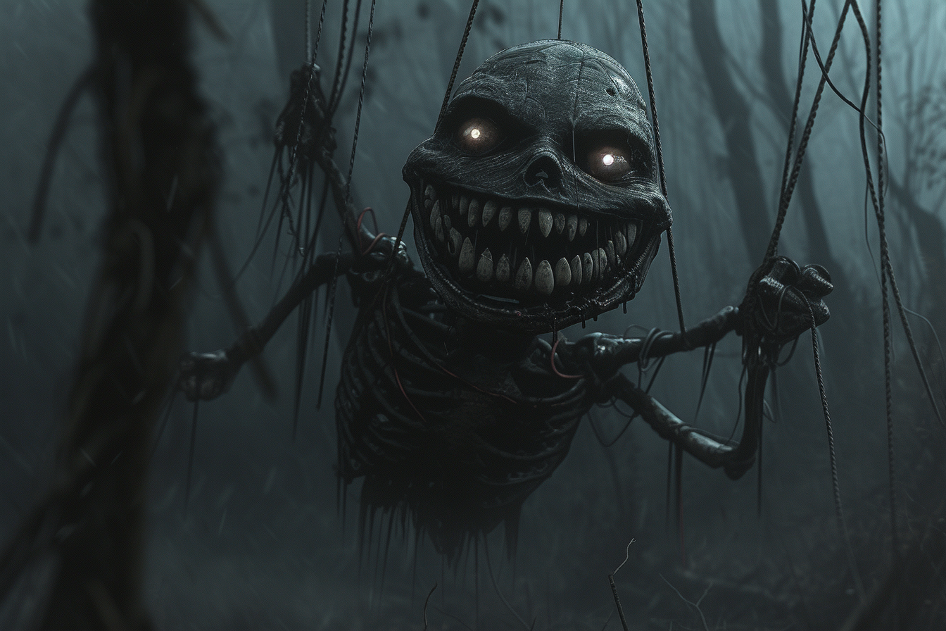 Evil Smiling Human Marionette in Dark Forest