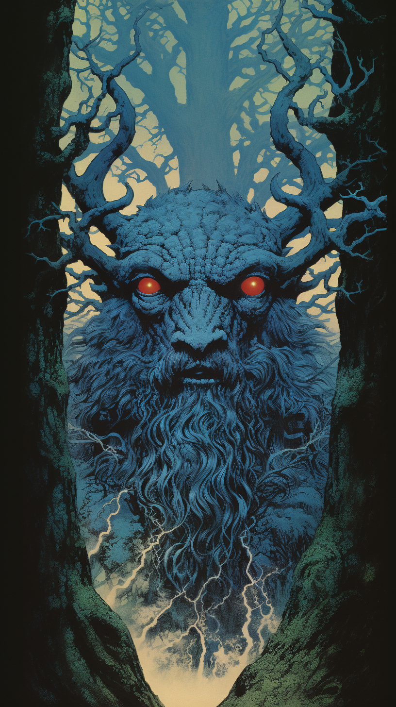 Dungeons and Dragons style evil tree creature with blue eyes