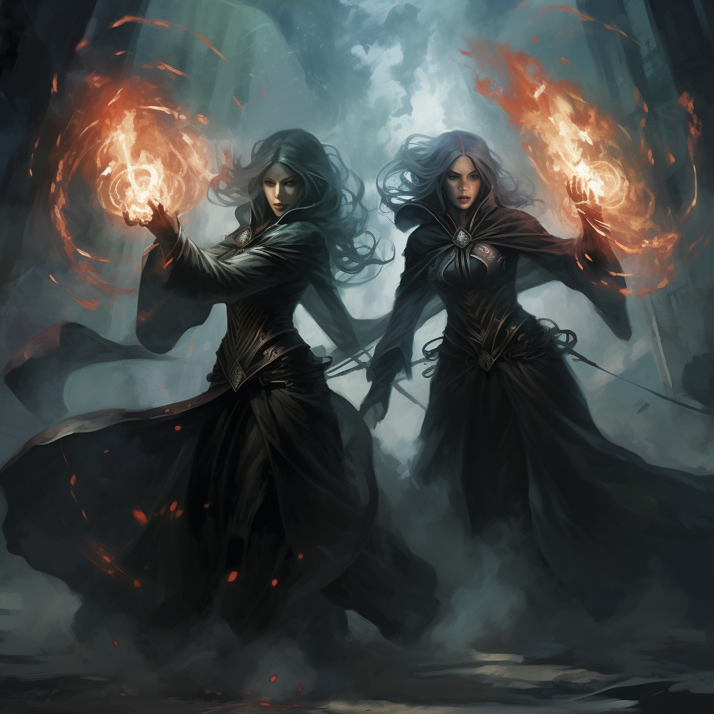 Dark sorceress sisters casting sinister spells