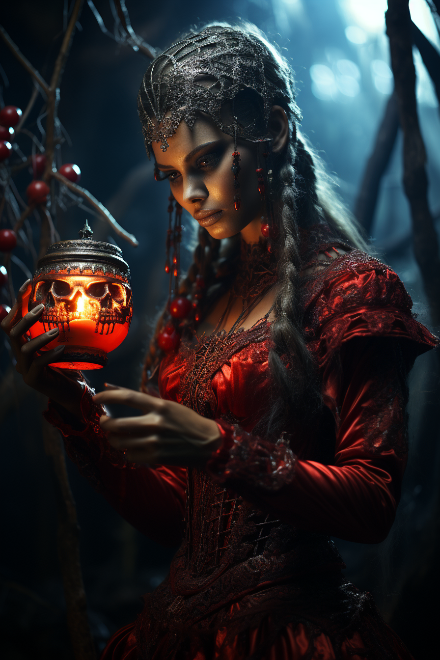 Scary woman holding red liquid in crystal jar