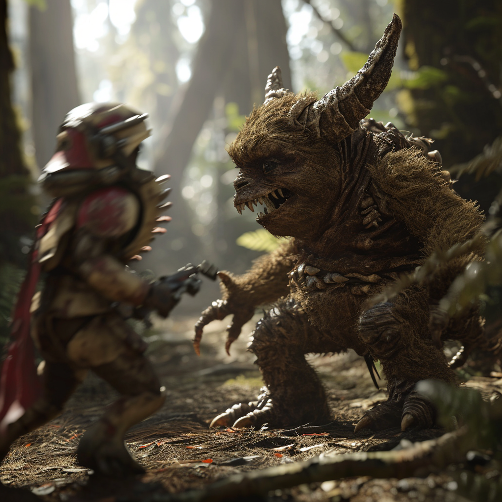 Ewok and Tyranid dueling on Endor