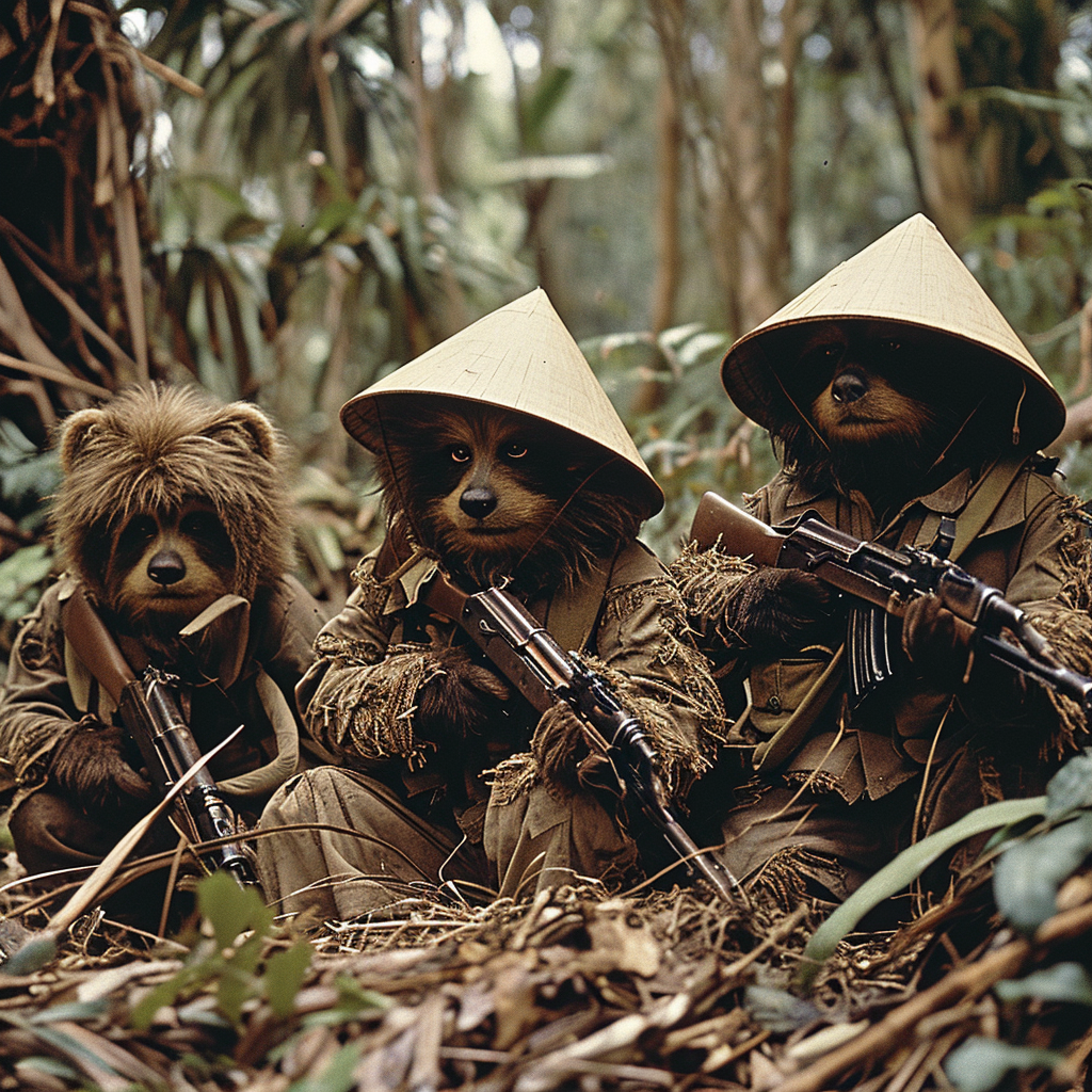 Ewok Vietcong with conical hats and AK-47s