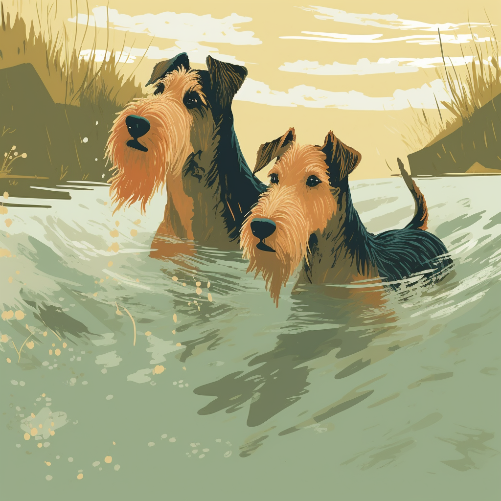 Two Airedales happily swimming in a river