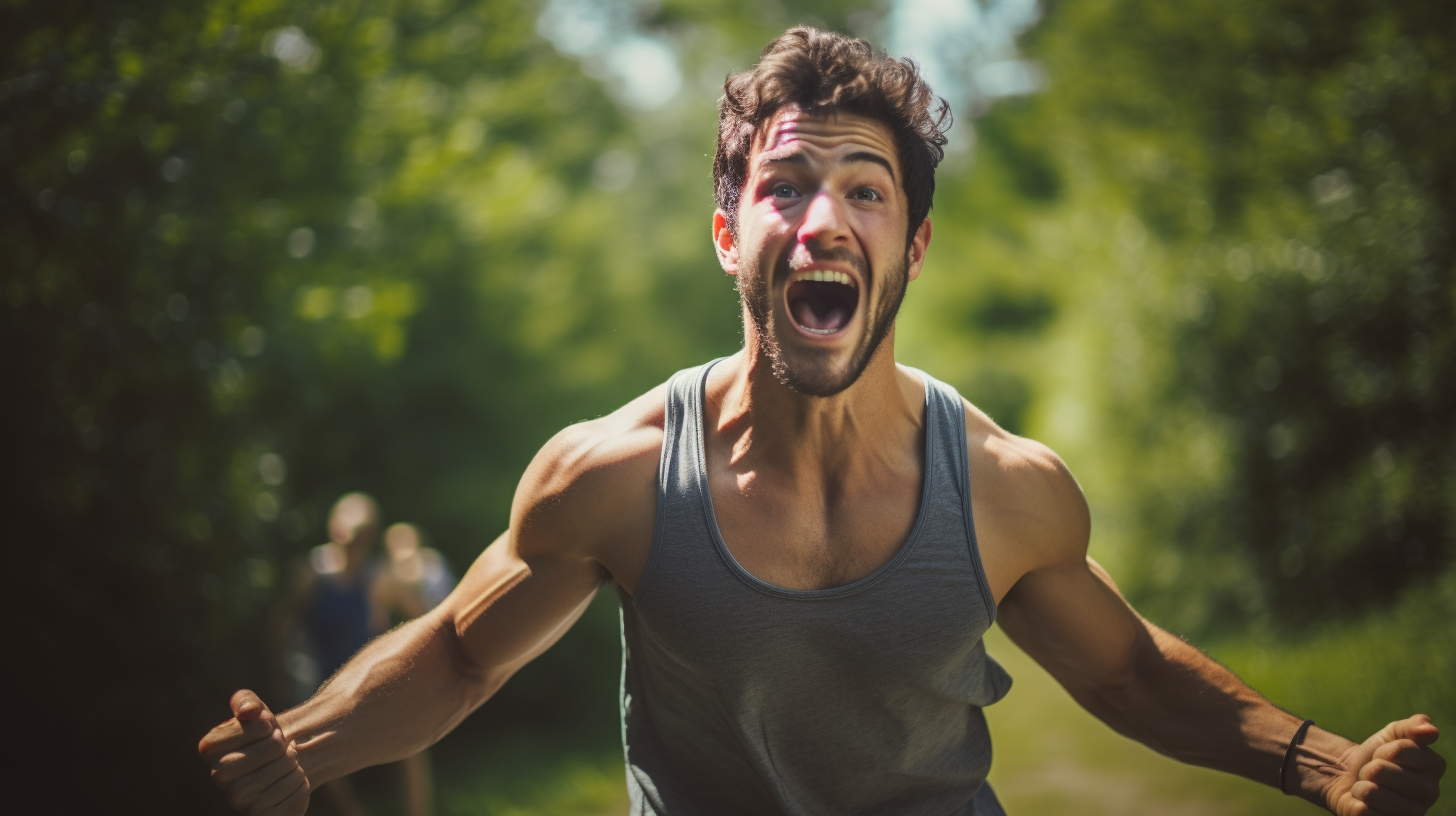 College-aged man excitedly enjoying outdoors