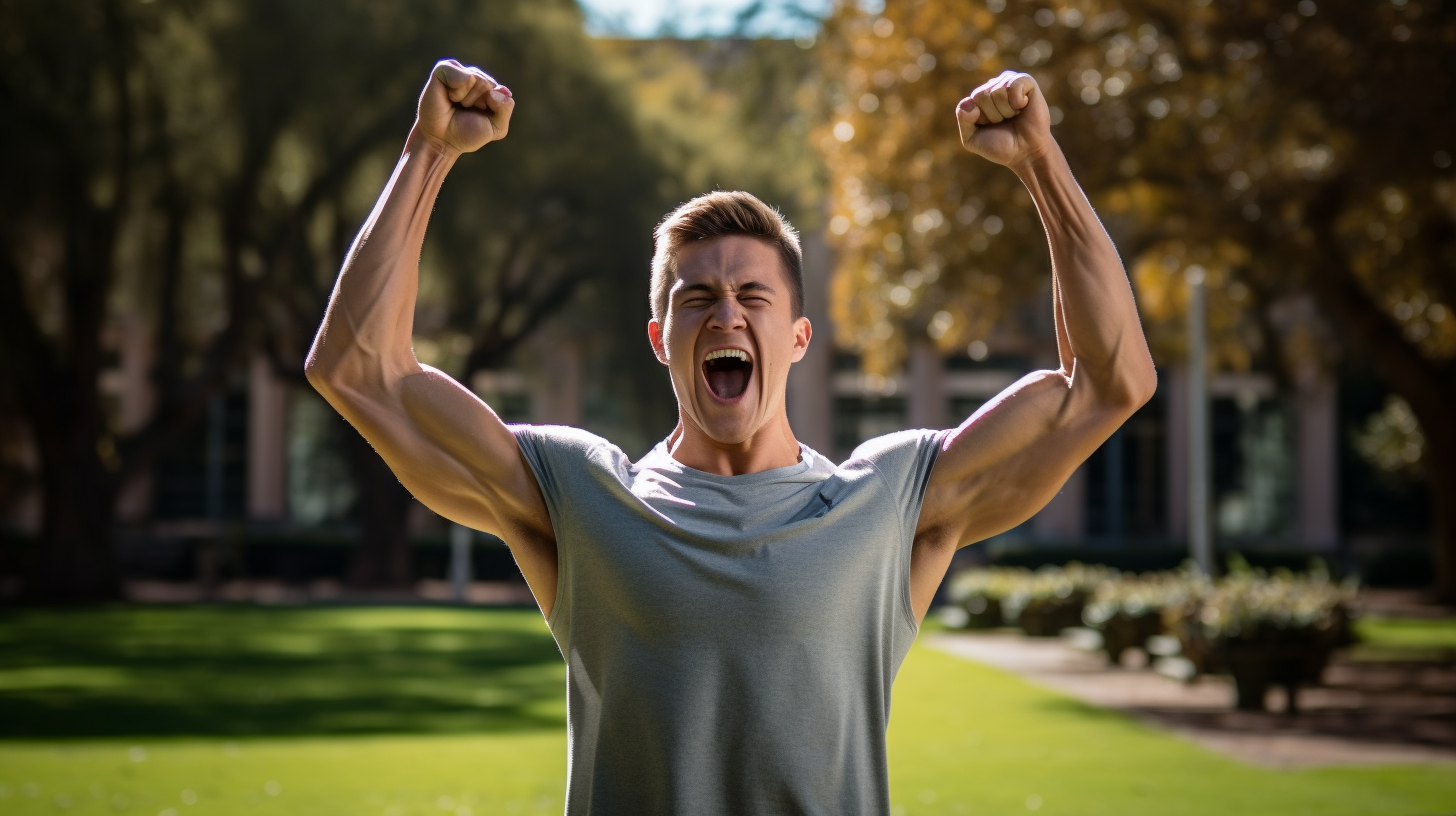 Excited man flexing tricep in grass