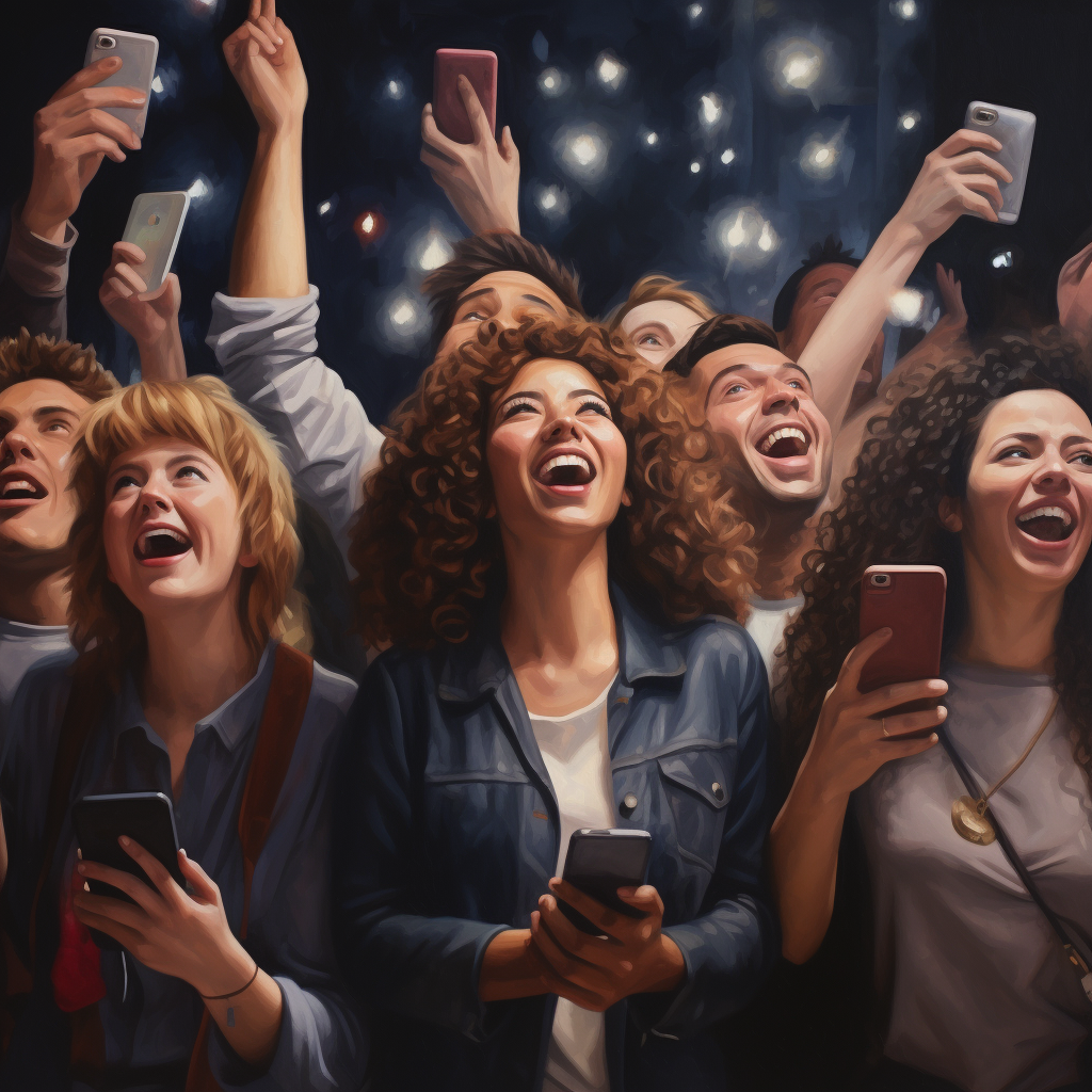 Group of young adults pointing phones towards sky