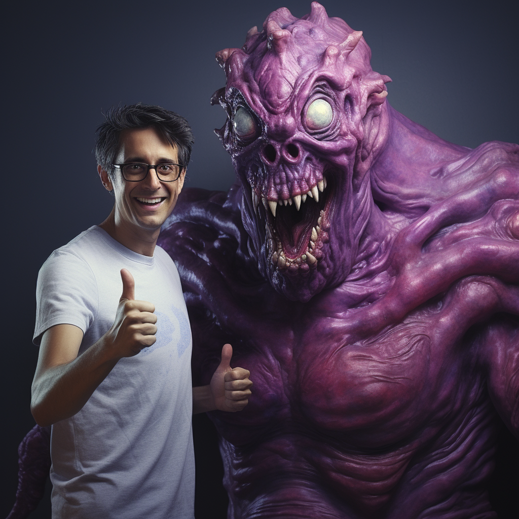 Excited happy young man and purple monster thumbs up