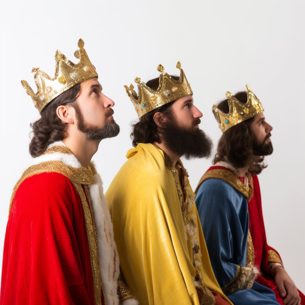 Three excited kings looking right - Side view