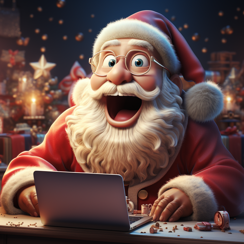 Excited Santa looking at laptop screen