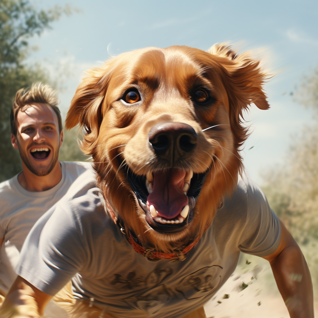 Excited scared dog running away from owner