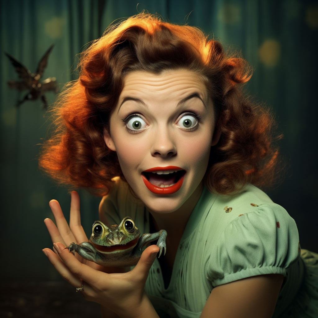 Vintage photo of excited spooky brunette woman