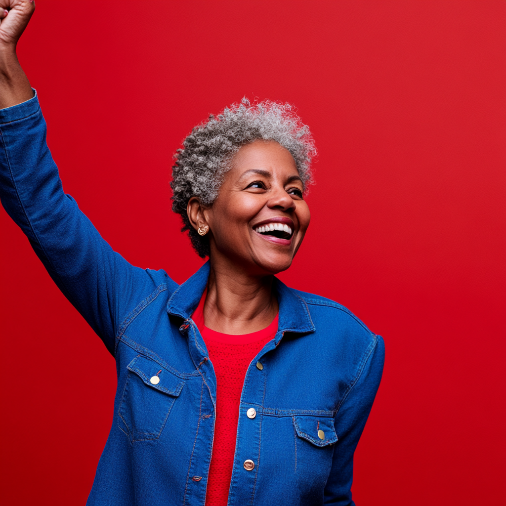 excited woman celebrating with high-five, bright and cheerful.