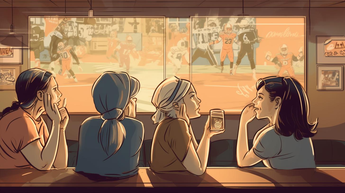 Vector illustration of four excited women watching football in sports bar