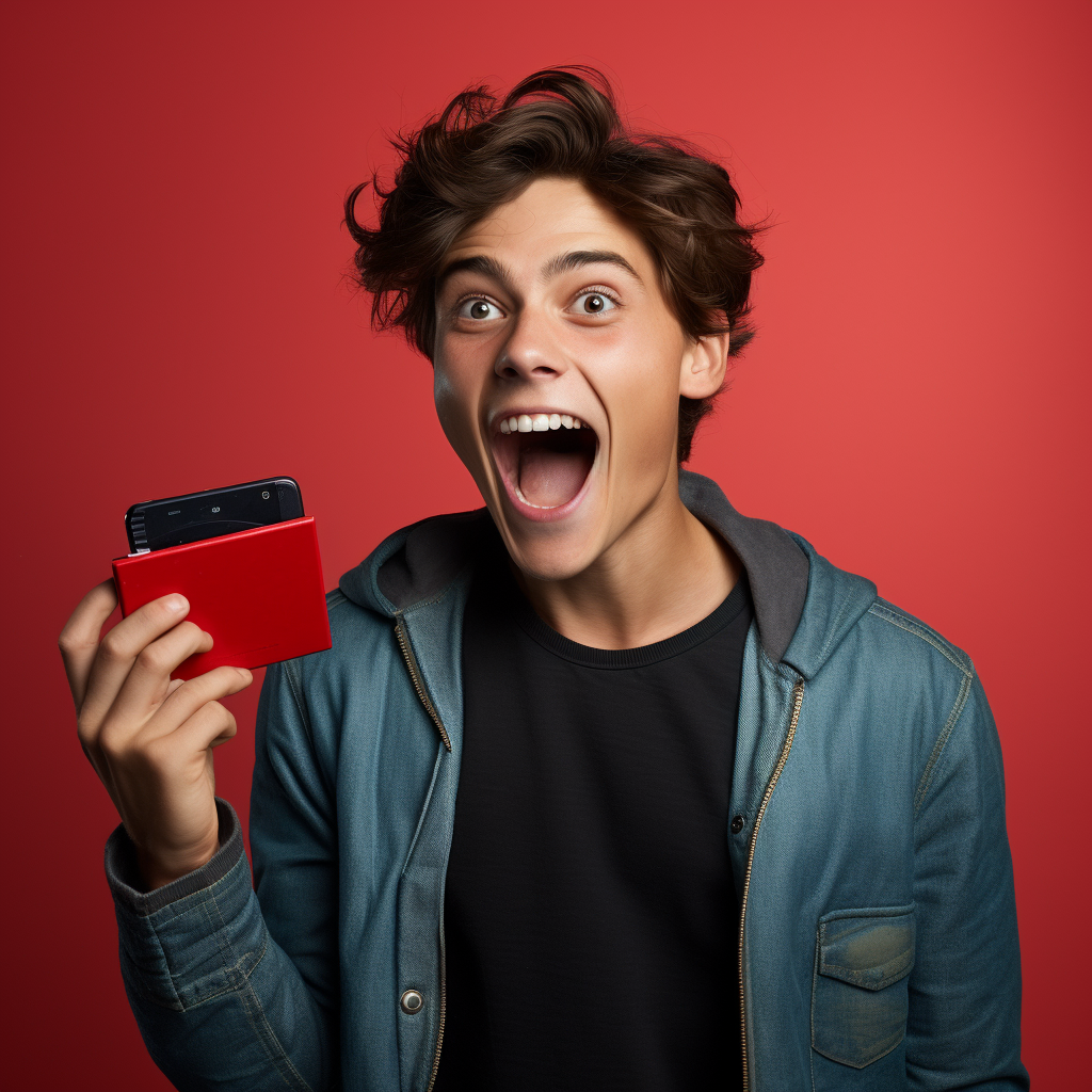 Teenage boy excitedly holding a battery