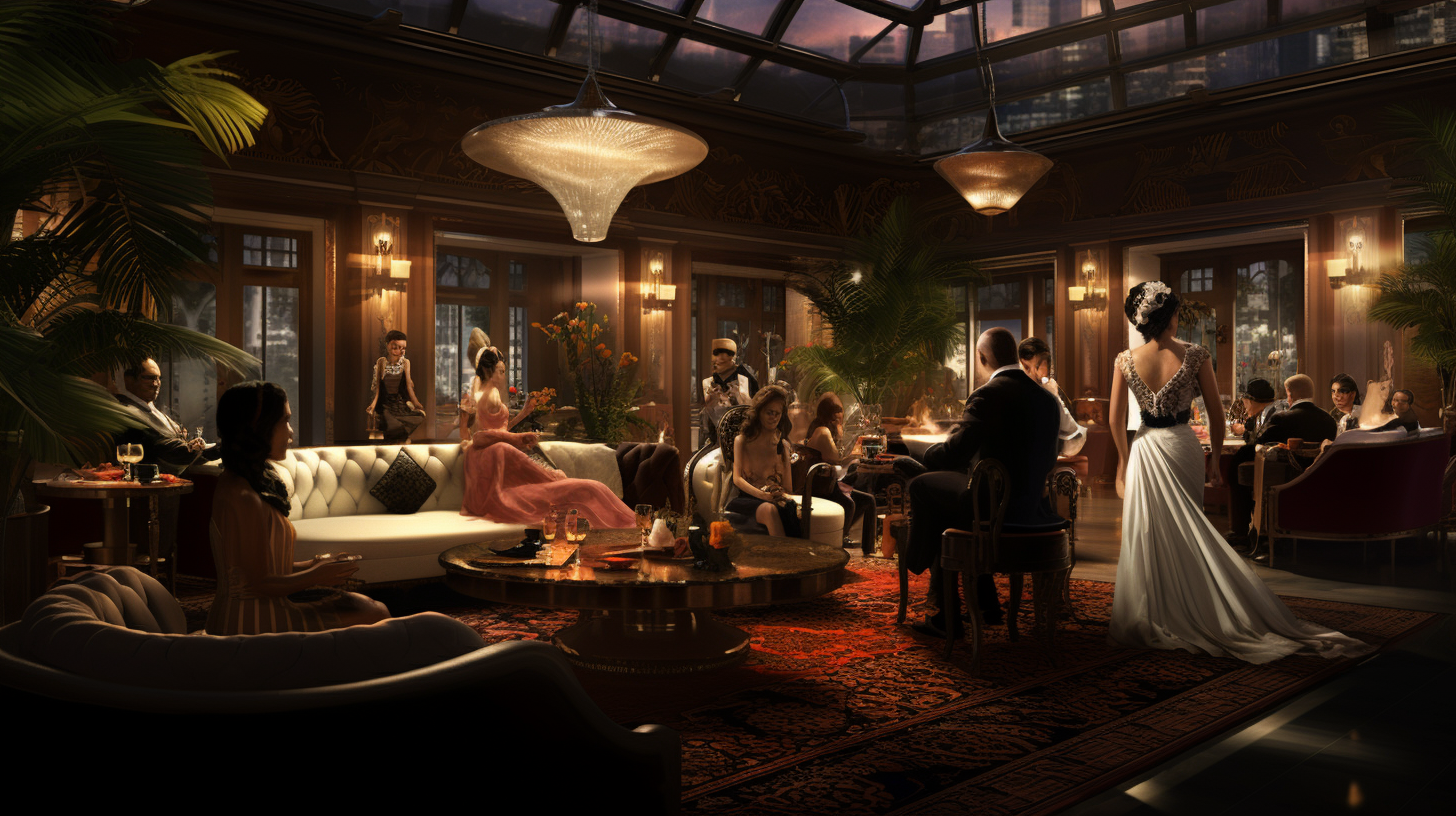 Indonesian-themed high society meeting in luxurious lounge