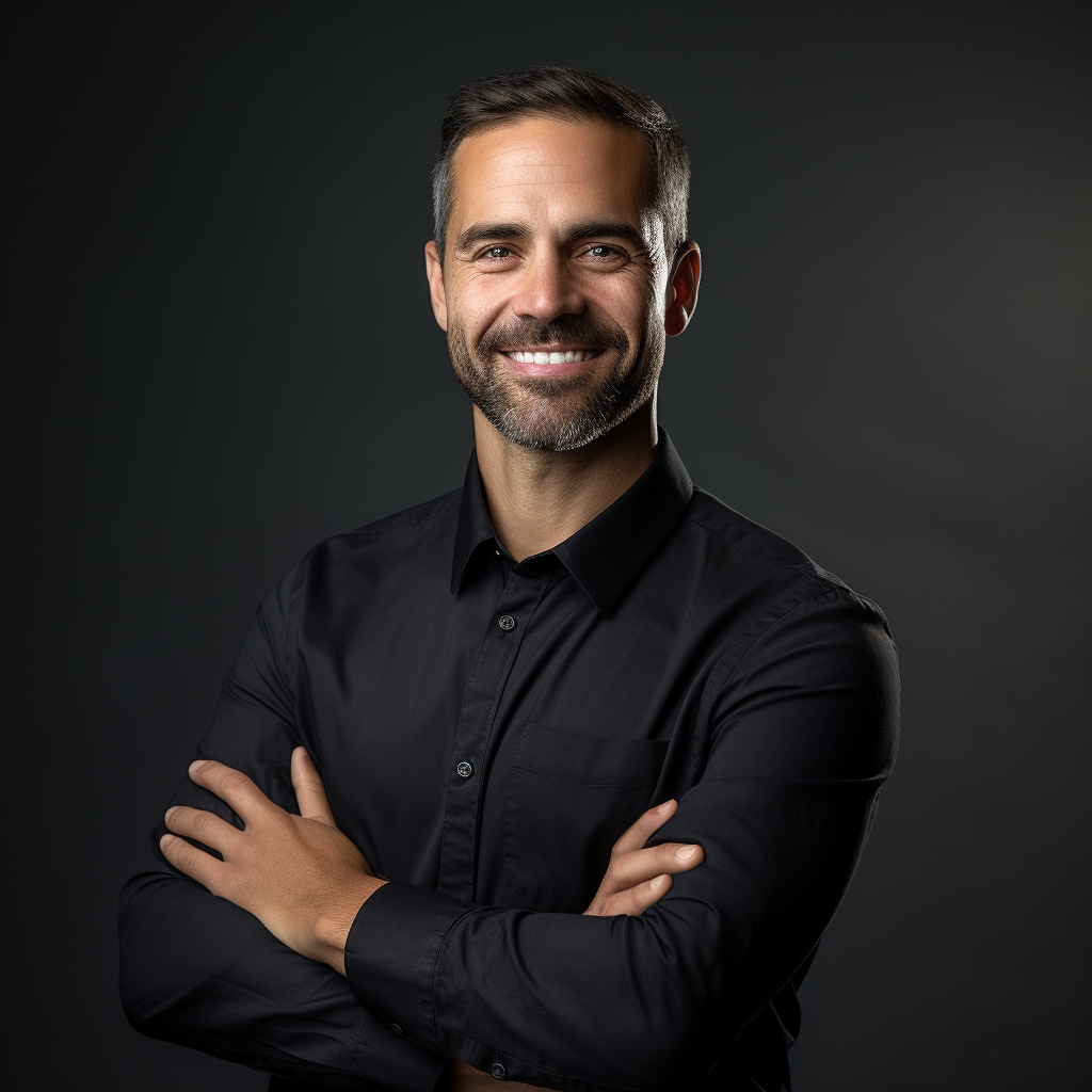 Portrait of a 40-year-old executive man in a black dress shirt with a smile