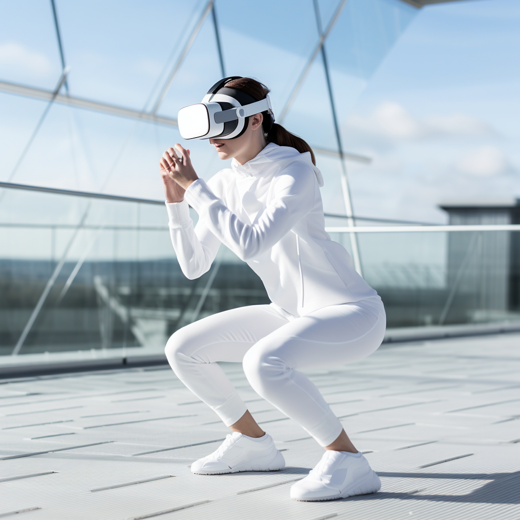 Woman exercising with Meta Quest Oculus and white outfit