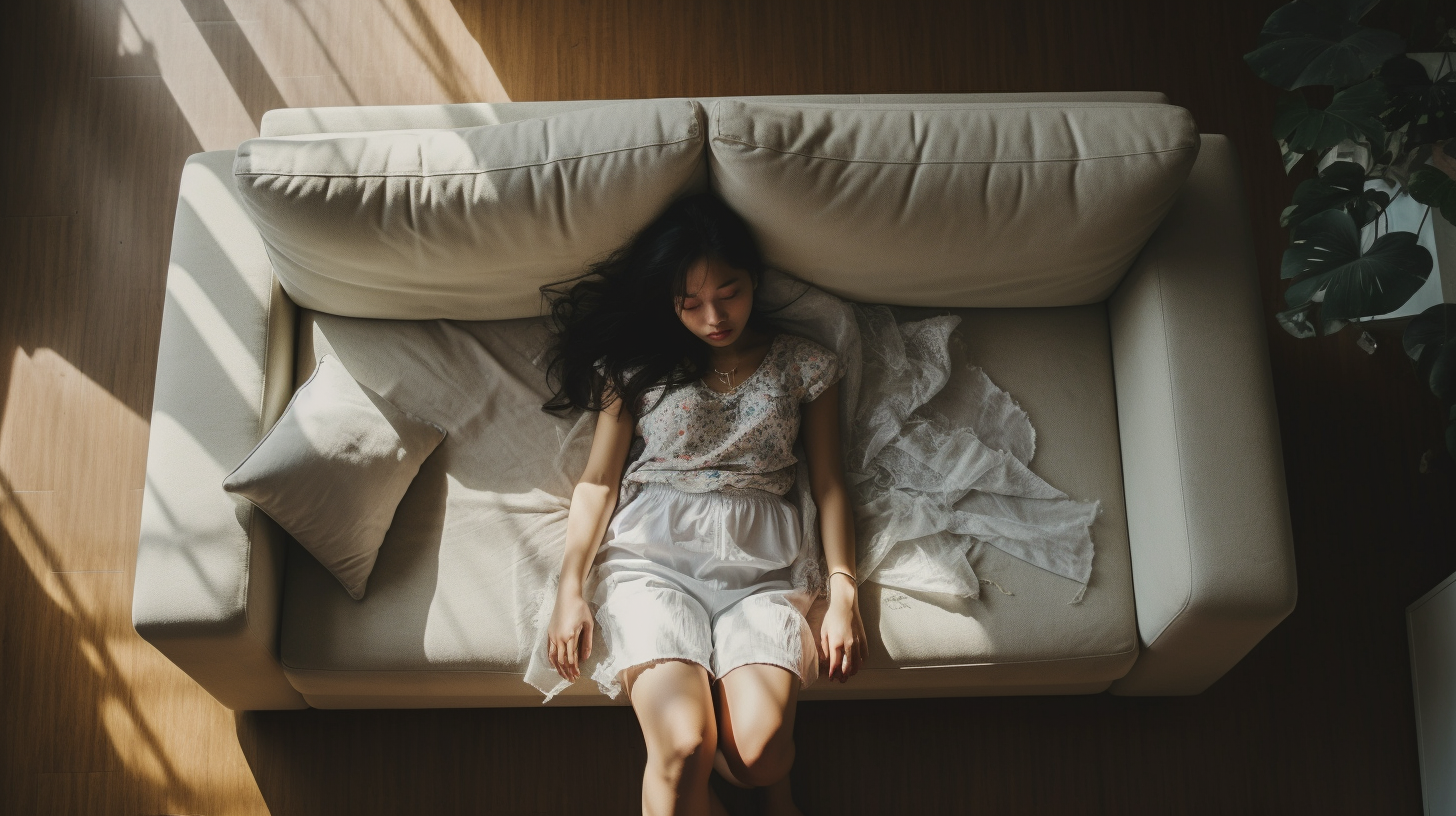 Chinese woman on messy sofa