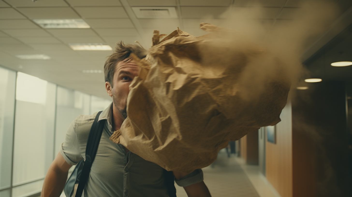 Tired man dragging burlap sack in office