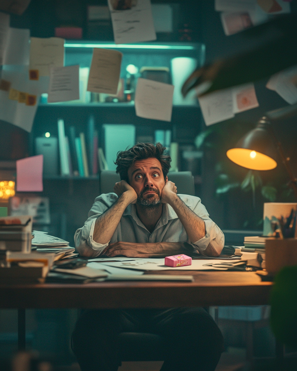 man exhausted desk energy bar