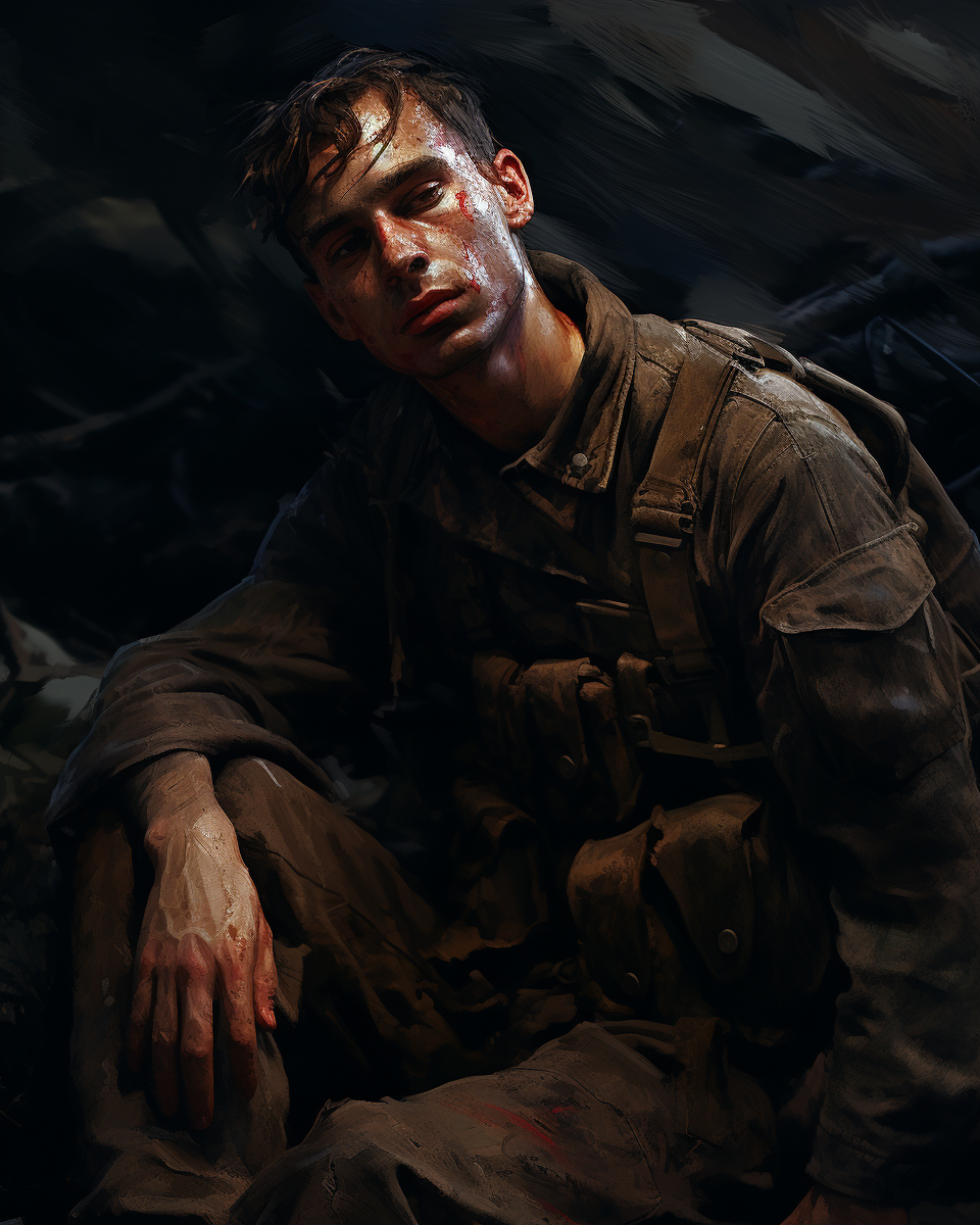 Tired soldier after battle in impressionism style