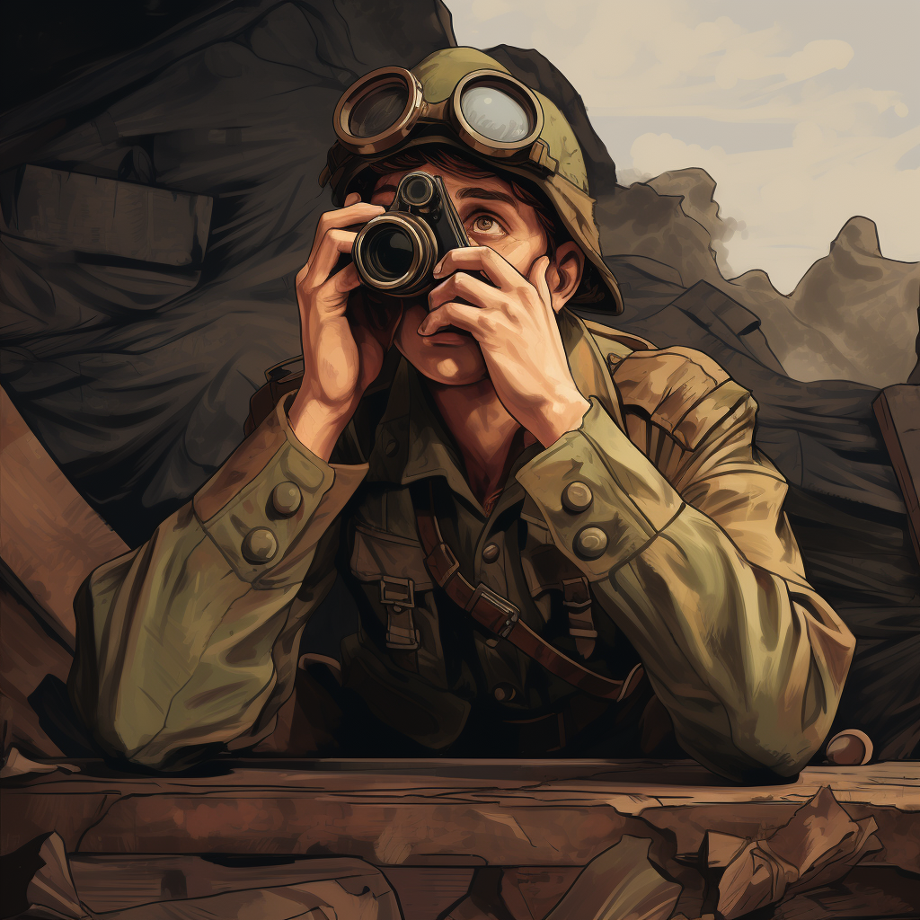 Exhausted soldier using binoculars in the battlefield