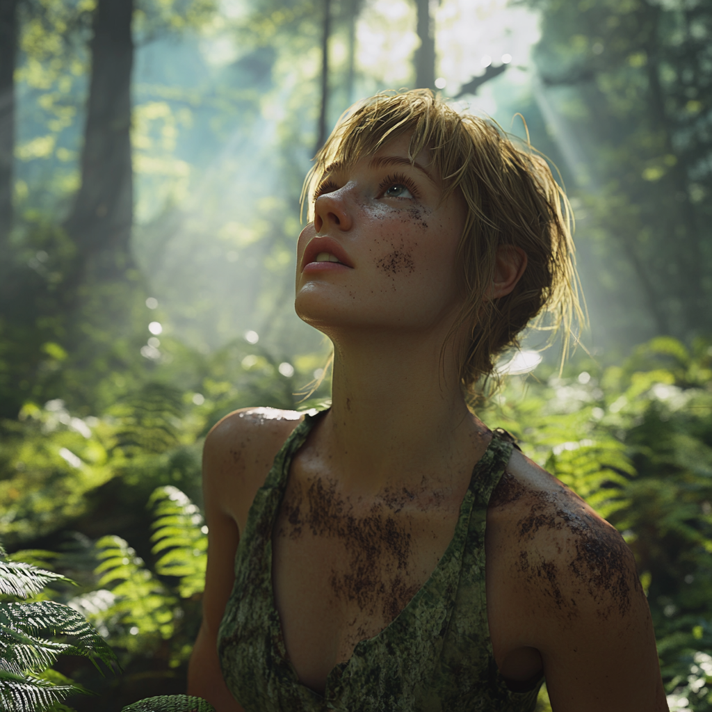 Tired Blonde Woman Walking in Forest