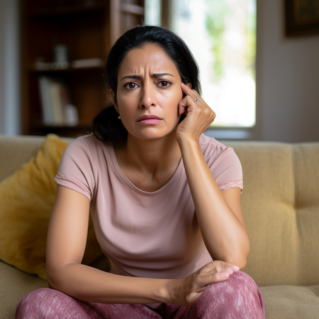 Exhausted woman sitting on Indian home couch