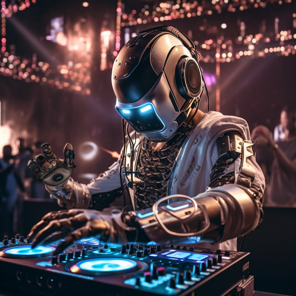 Exotic AI robot playing DJ