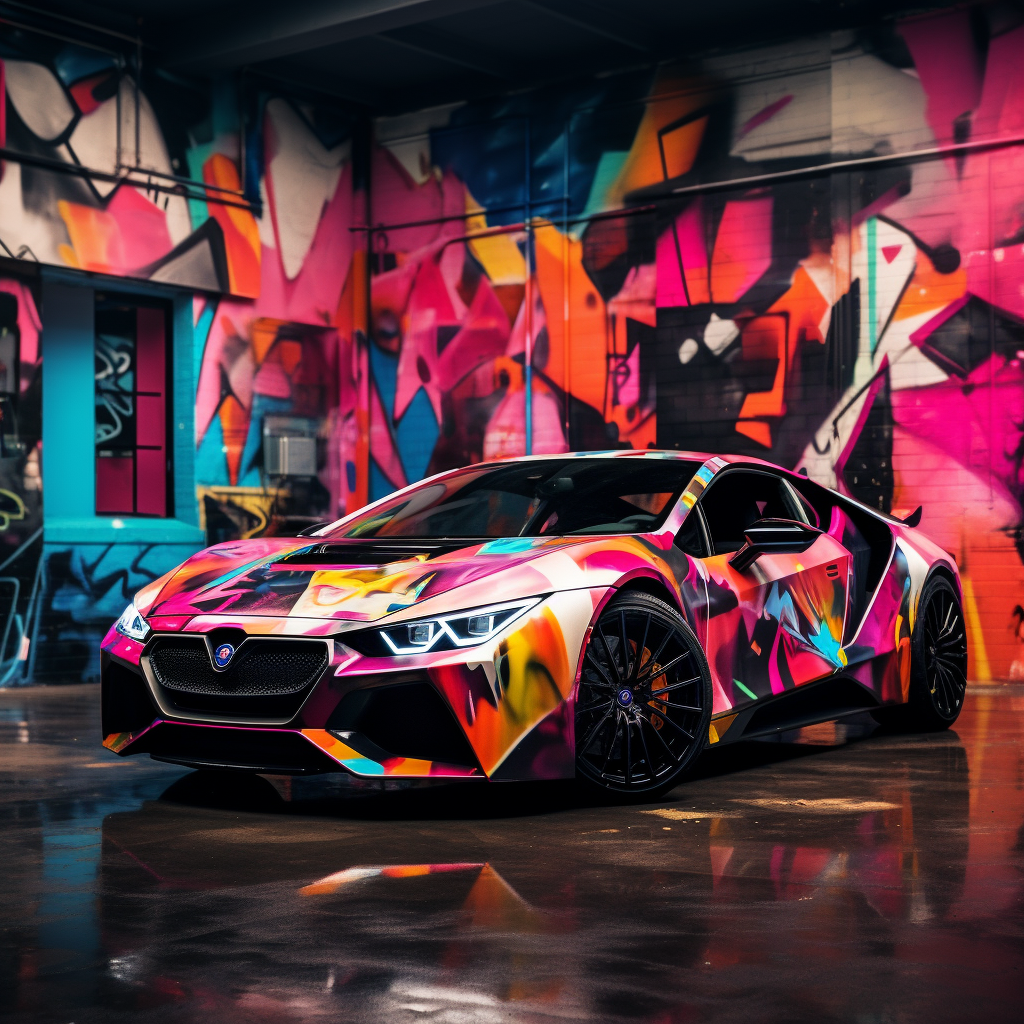 Exotic Car in Graffiti Covered Parking Lot