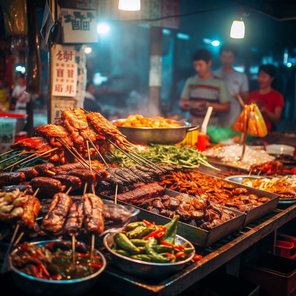 Delicious Chinese street food in a bustling market