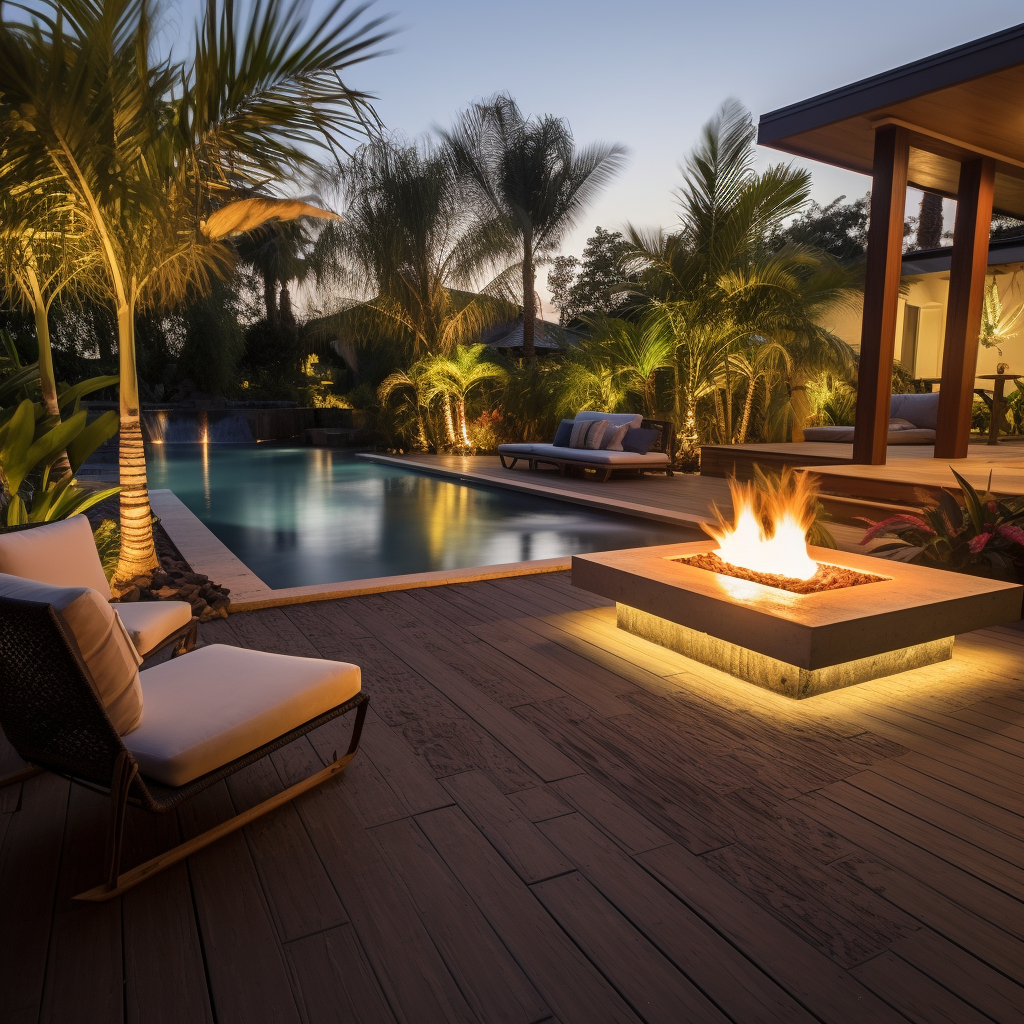 Exotic pool deck with palm trees and bamboo furniture