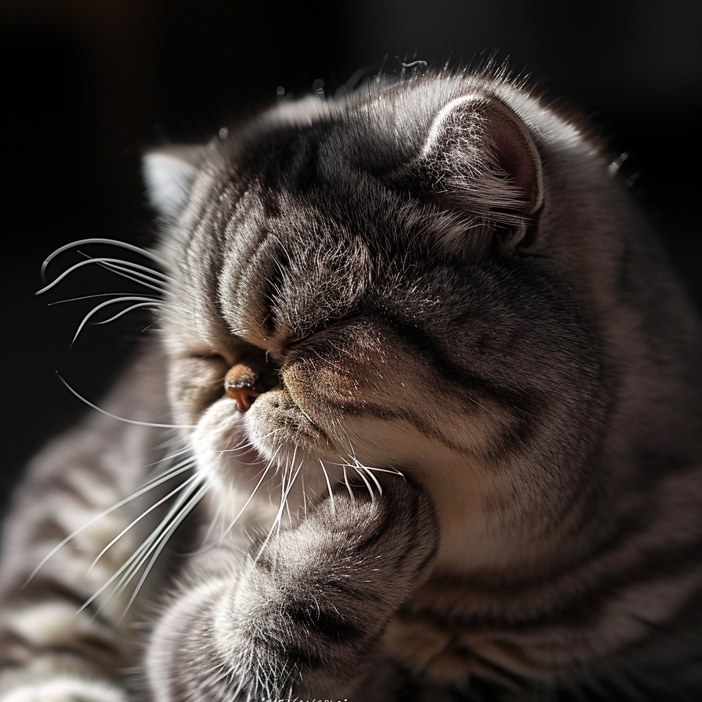 Grey and white Exotic Shorthair cat licking foot