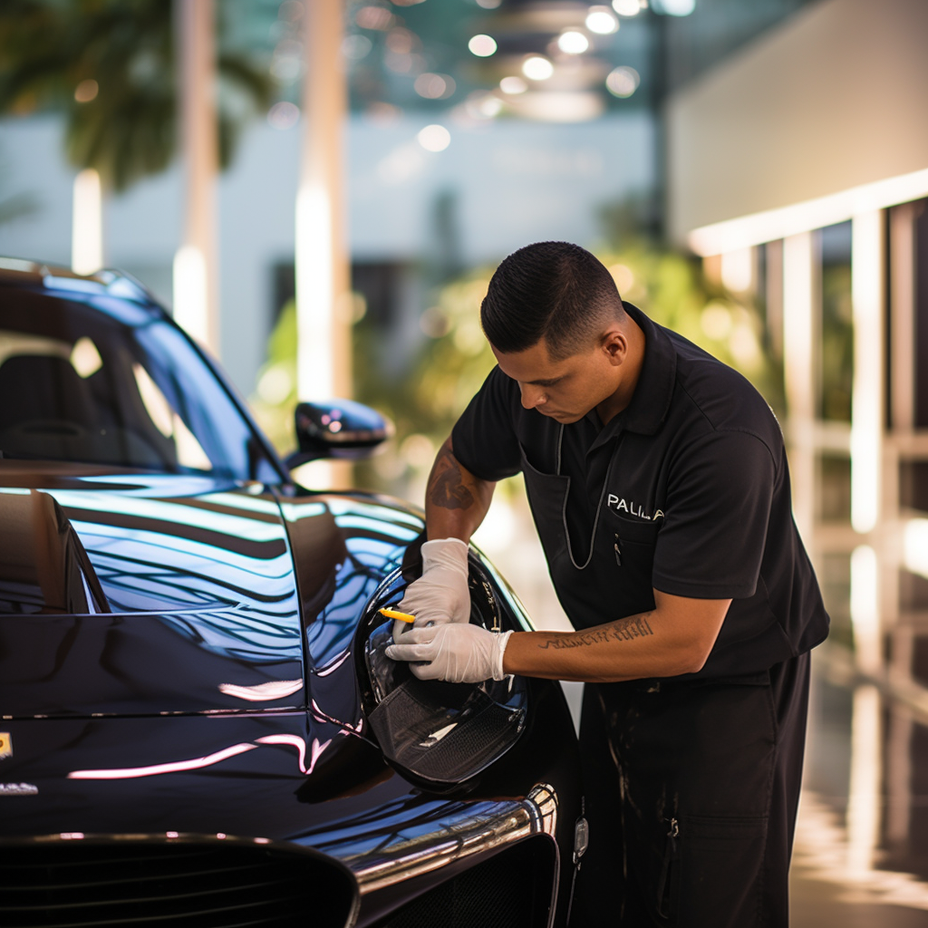 Professional car detailer polishing exotic car