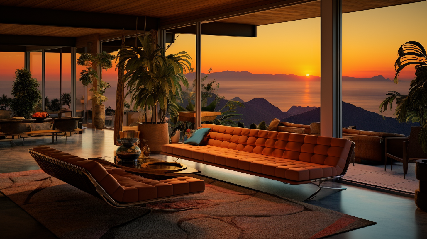 Luxurious midcentury ocean view living room