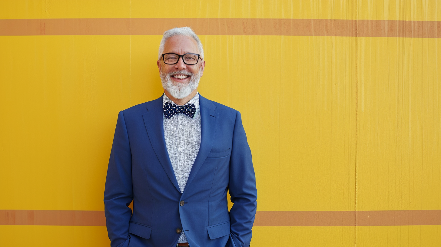 Smiling experienced male coach in blue suit on yellow background